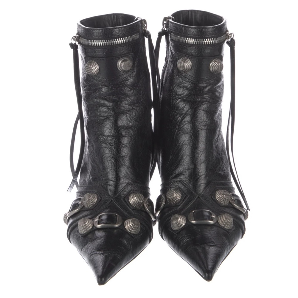 BALENCIAGA Cagole Ankle Booties, Black/Aged Nickel, Size 36